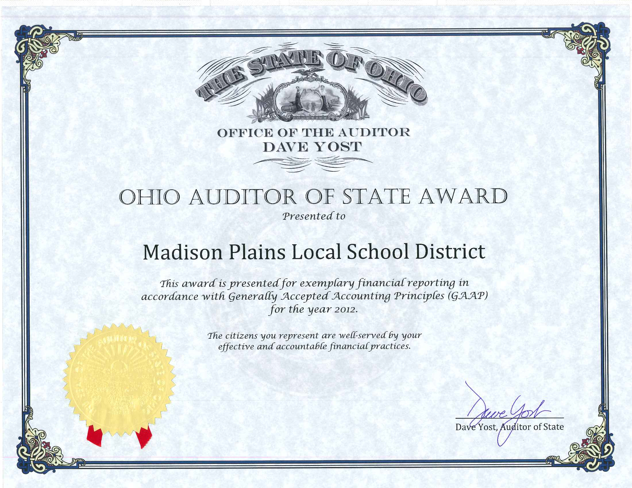 Ohio Auditor of State Award - 2012